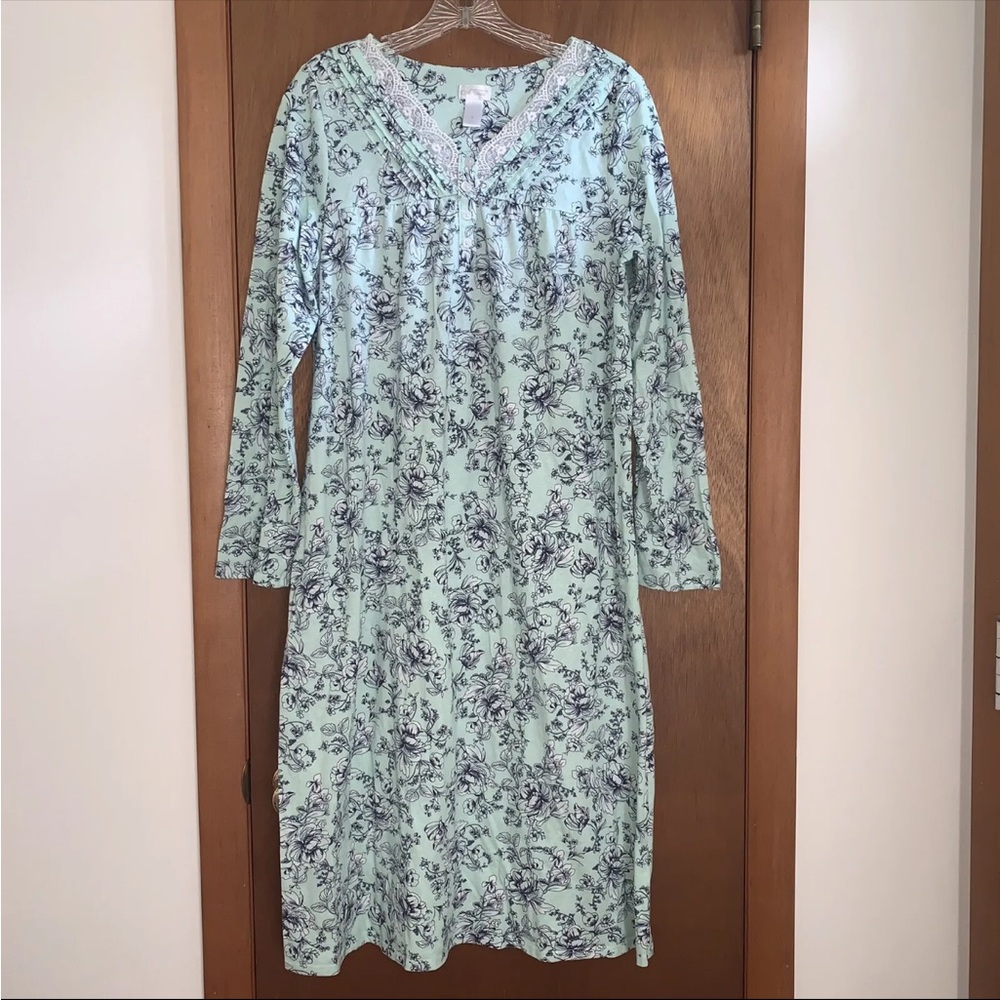 Women’s S ADONNA EMELINE Aqua / Navy Floral Long Sleeve Night Gown PERFECT